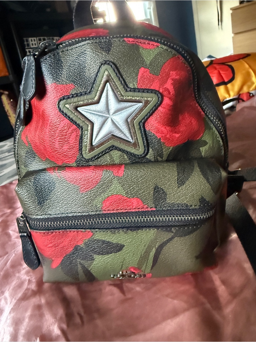 Coach Olive Green & Red Floral Star Mini Backpack